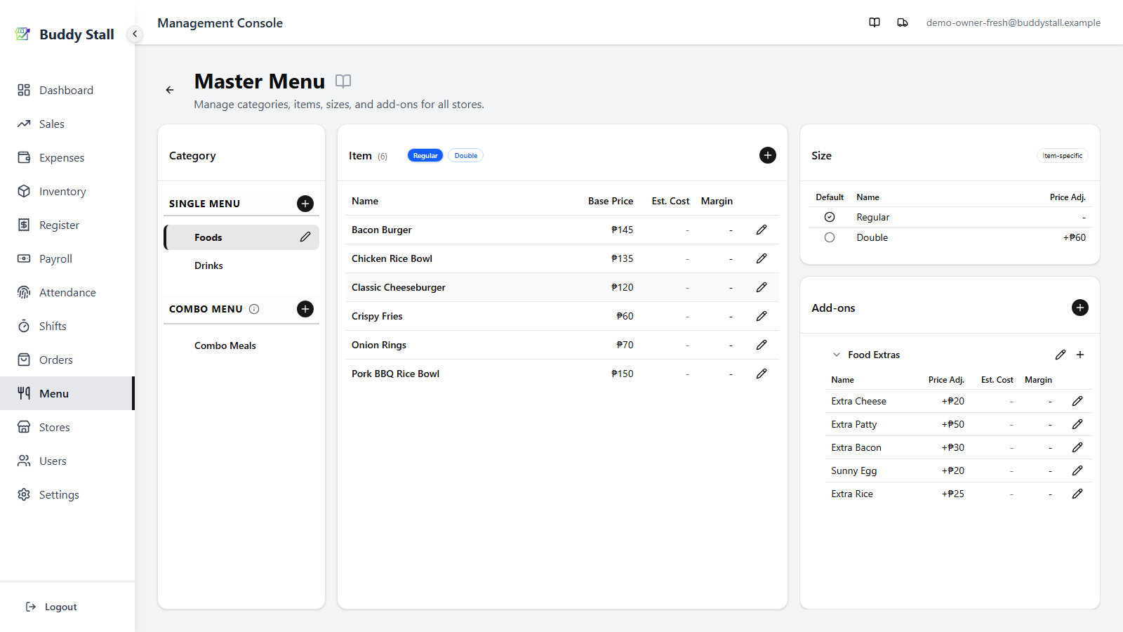 The master menu with an item that overrides its sizes selected — the right column's Size panel is read-only with an Item-specific badge (Regular plus an item-only Double), while the Add-ons panel stays the editable category panel