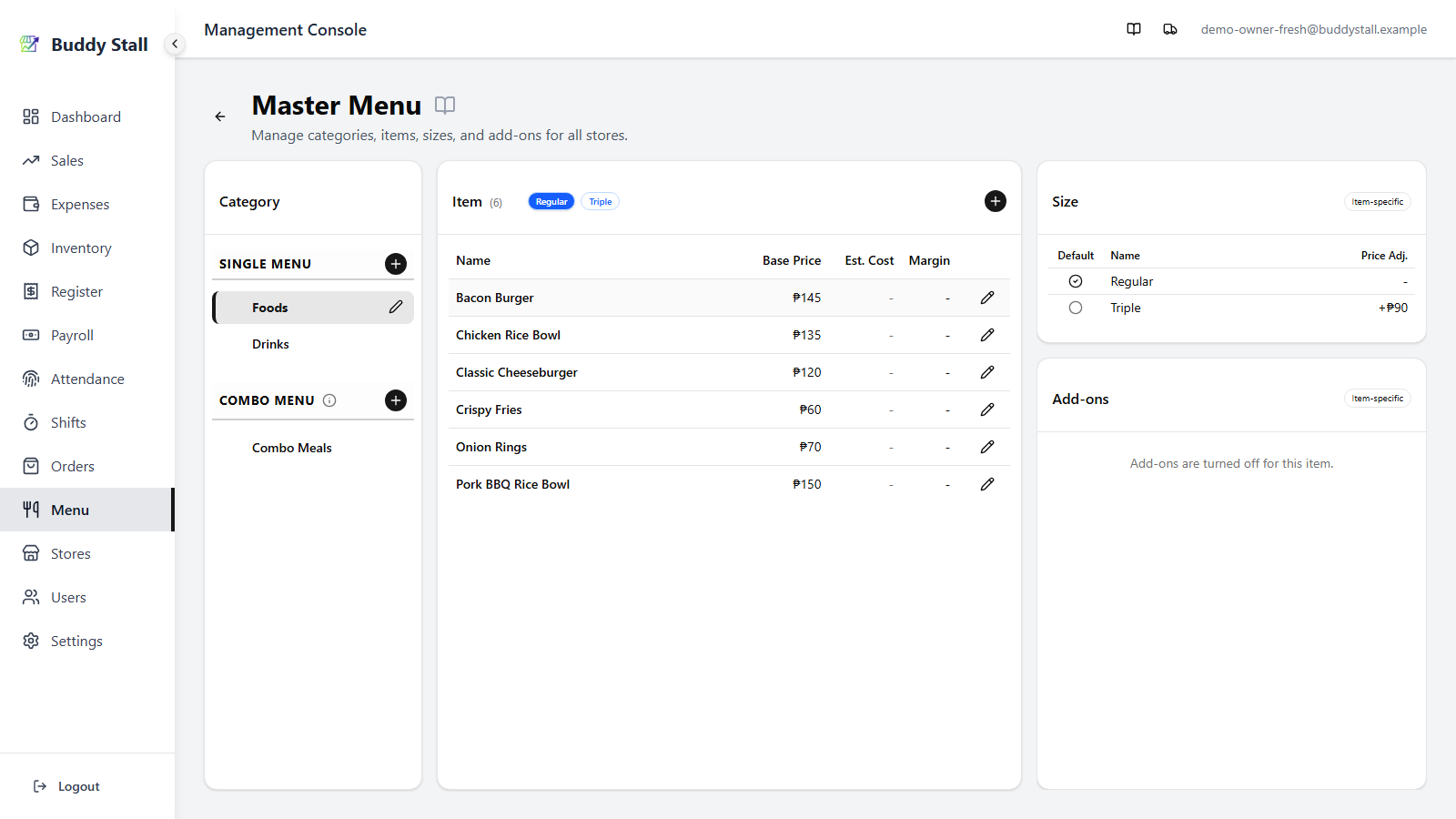 The master menu with Bacon Burger selected — its Size panel is read-only with an Item-specific badge (a custom Regular / Triple set), and its Add-ons panel reads 'Add-ons are turned off for this item' with an Item-specific badge
