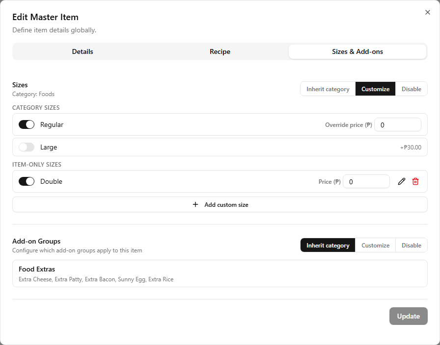 The item dialog's Sizes & Add-ons tab — Sizes in Customize mode with the category Regular toggle on and Large off, an item-only Double row and an Add custom size button, Add-on Groups set to Inherit, and the Update button at the bottom