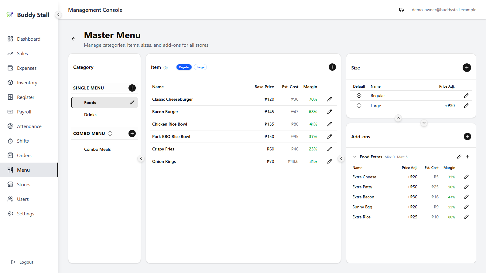 The master menu Items panel with the edit pencil icon highlighted on the Classic Cheeseburger row