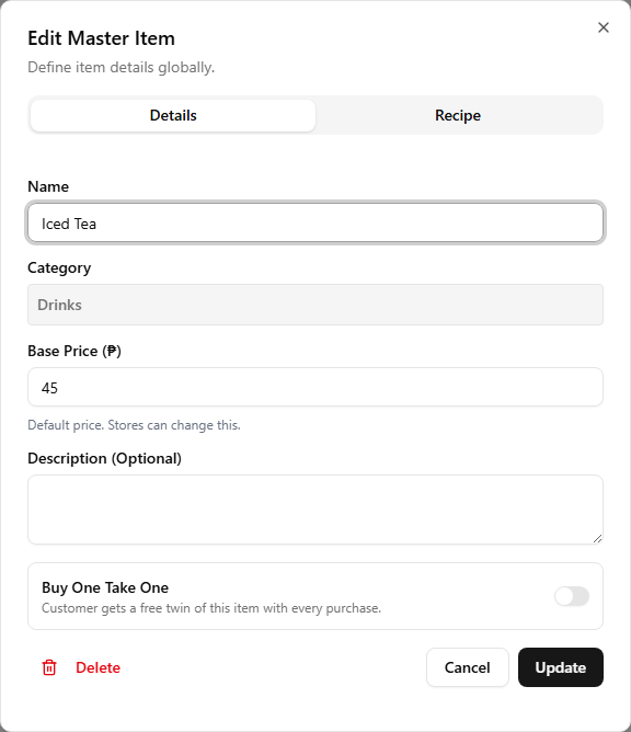 The item dialog open on the Details tab with the Recipe tab visible in the tab bar
