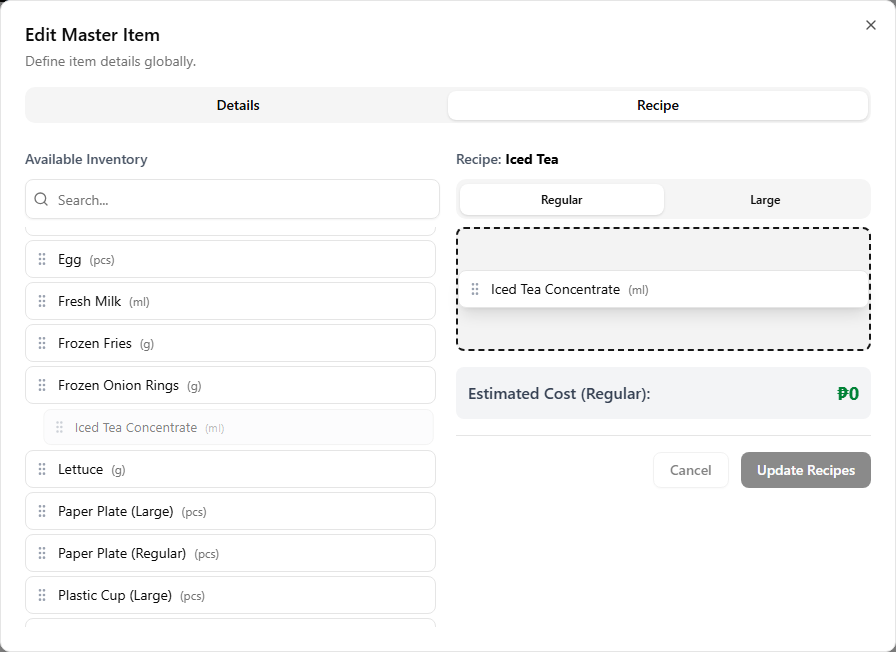 An inventory item being dragged from the Available Inventory column into the highlighted recipe drop zone, with an arrow showing the drag direction