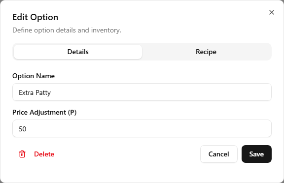 The add-on option dialog open on the Details tab with Details and Recipe tabs visible in the tab bar