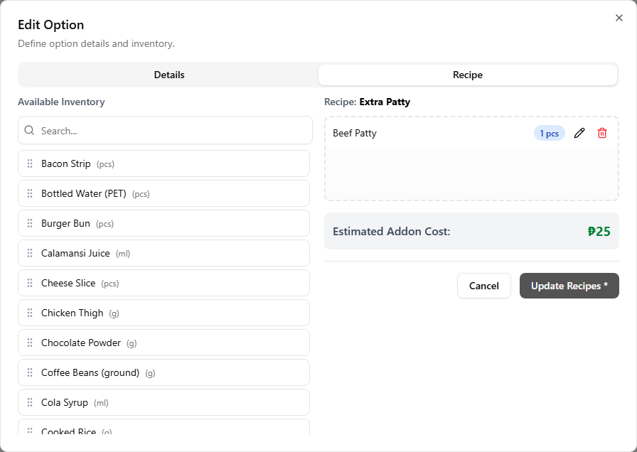 The add-on Recipe tab with one ingredient added and the Update Recipes button at the bottom of the dialog highlighted in its enabled, pulsing state