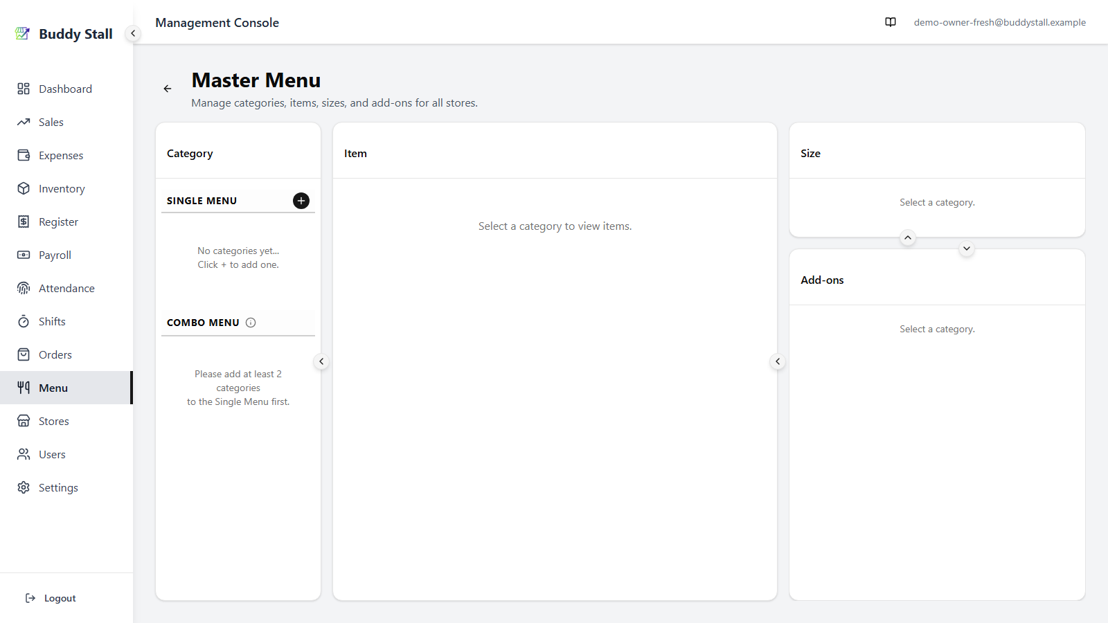 An empty Master Menu screen — no categories, items, sizes, or add-ons yet