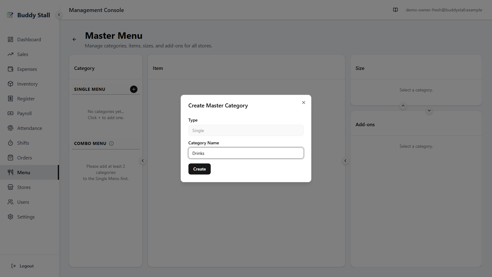 The Create Master Category dialog open, with 'Drinks' typed into the Category Name field
