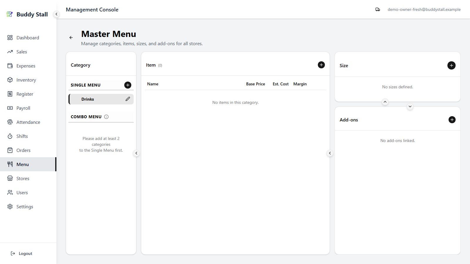 The Items panel with the + button highlighted at top-right; Drinks is the selected category