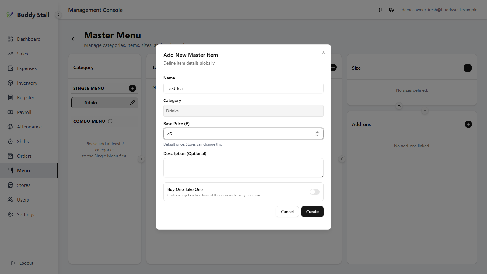 The Add New Master Item dialog open, with 'Iced Tea' typed in Name and 45 in Base Price; Category shows Drinks
