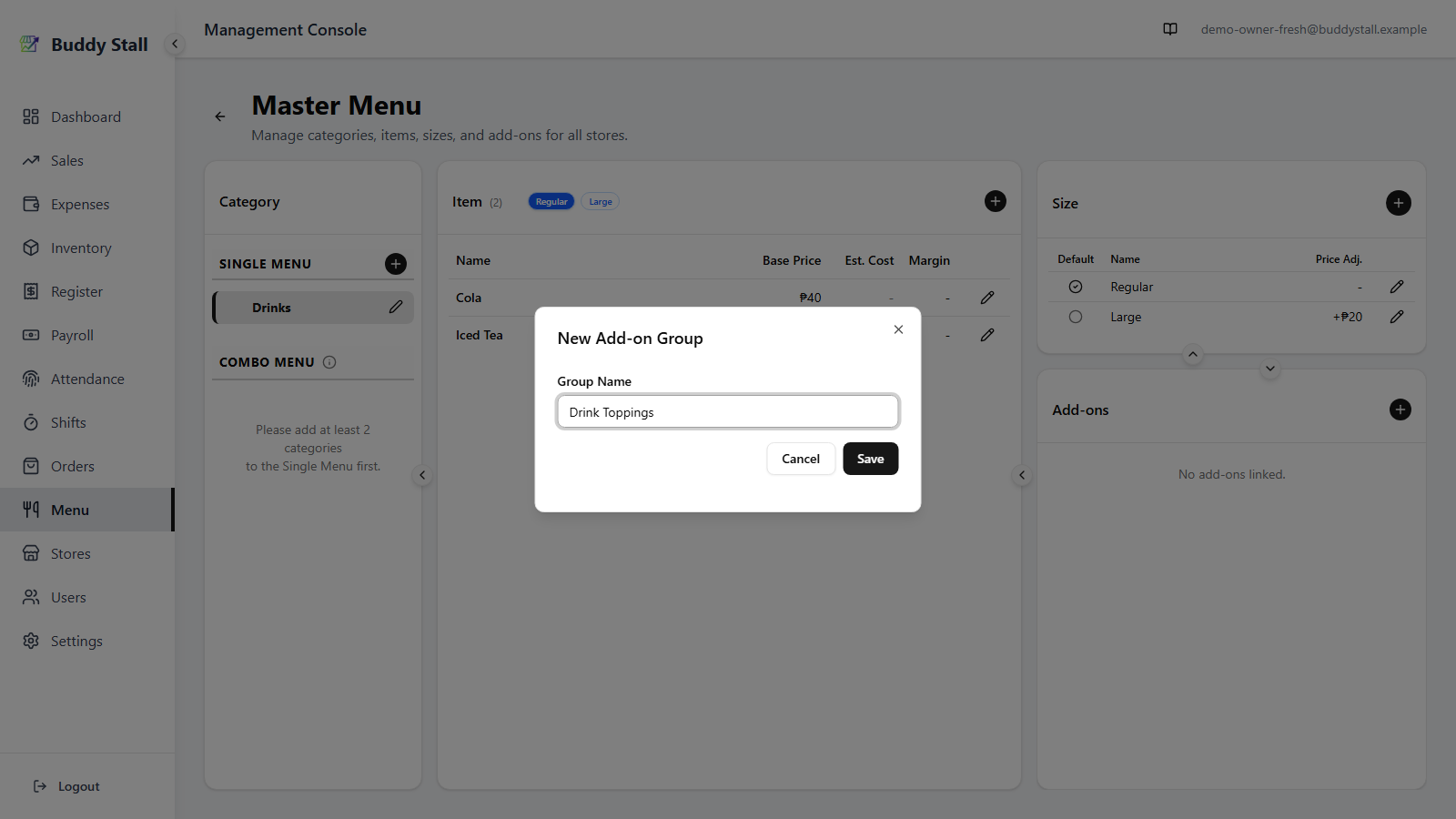 The New Add-on Group dialog open, with 'Drink Toppings' typed in Group Name