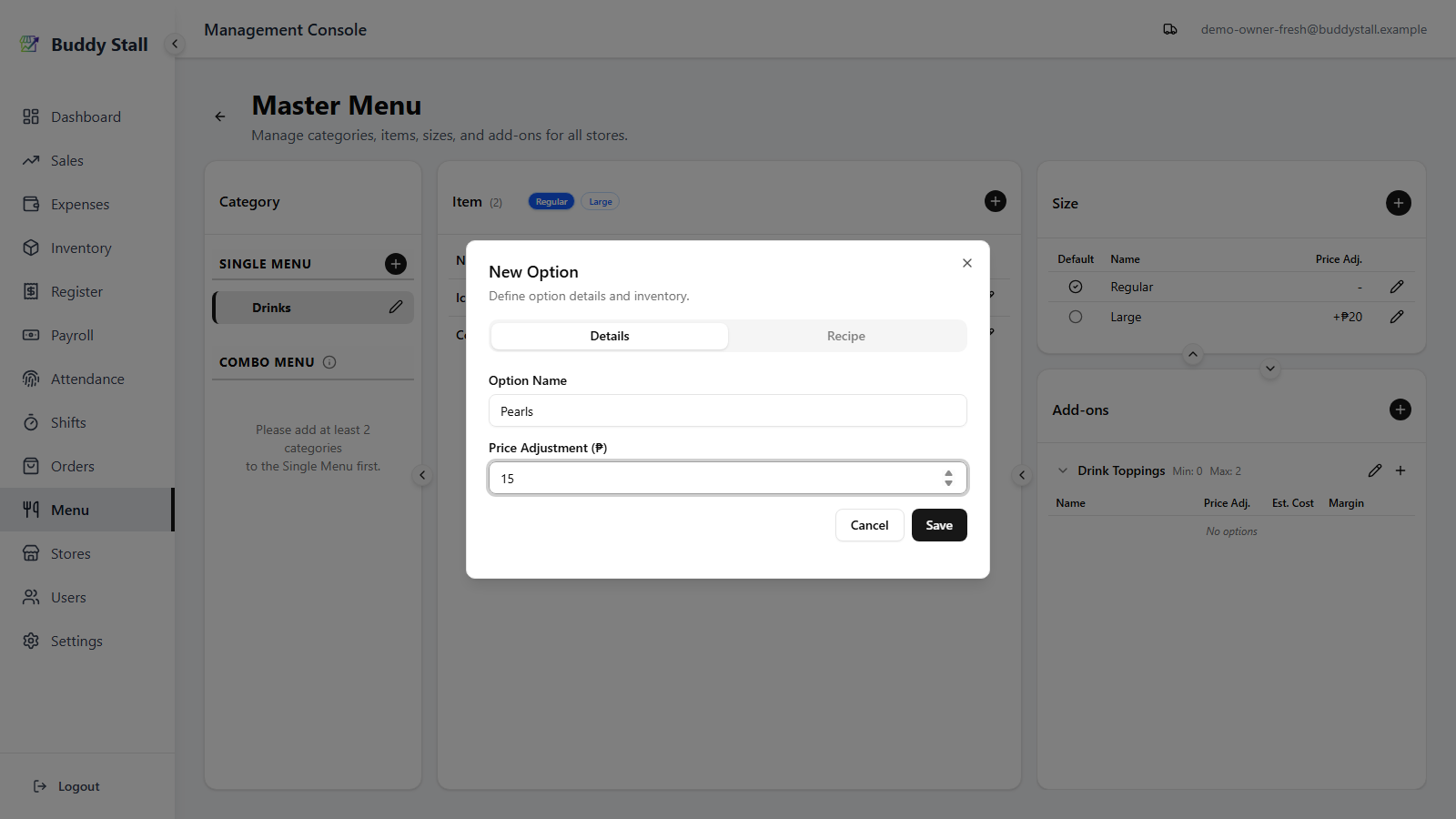 The New Option dialog open, with 'Pearls' typed in Option Name and 15 in Price Adjustment