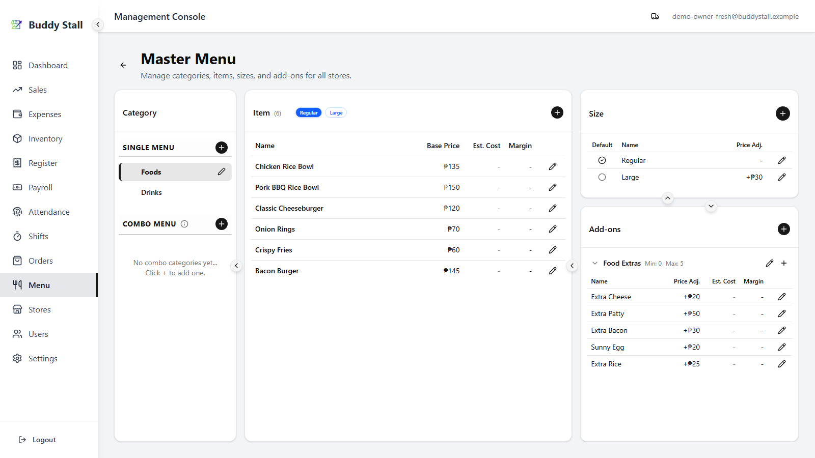 The Categories panel with the Combo Menu + button highlighted; two single categories already exist