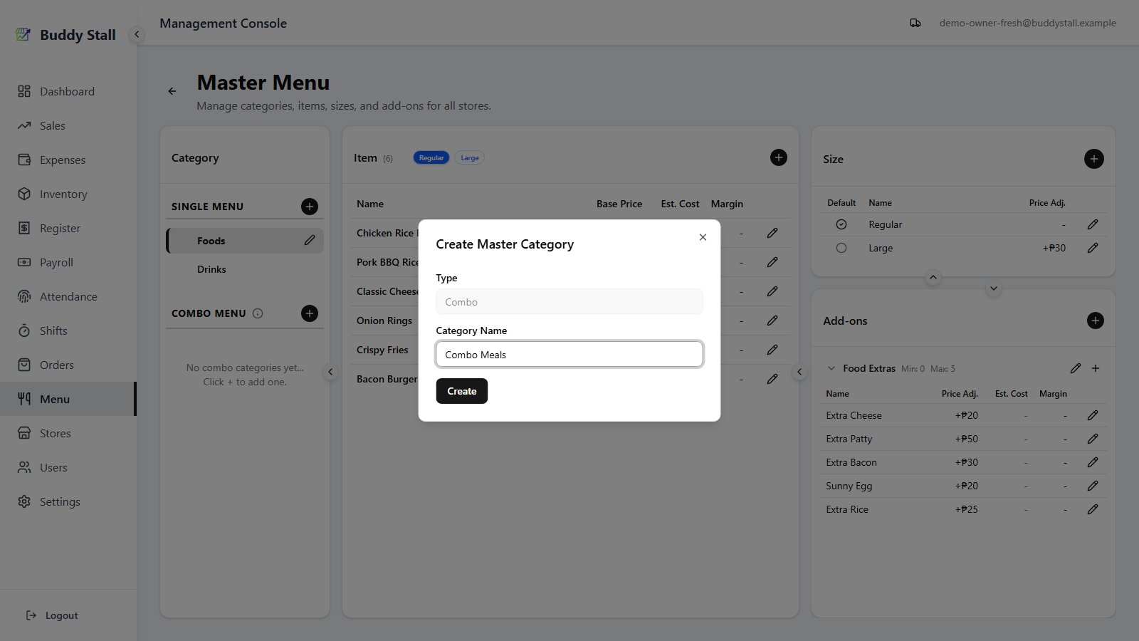 The Create Master Category dialog with Type locked to Combo and 'Combo Meals' typed in Category Name