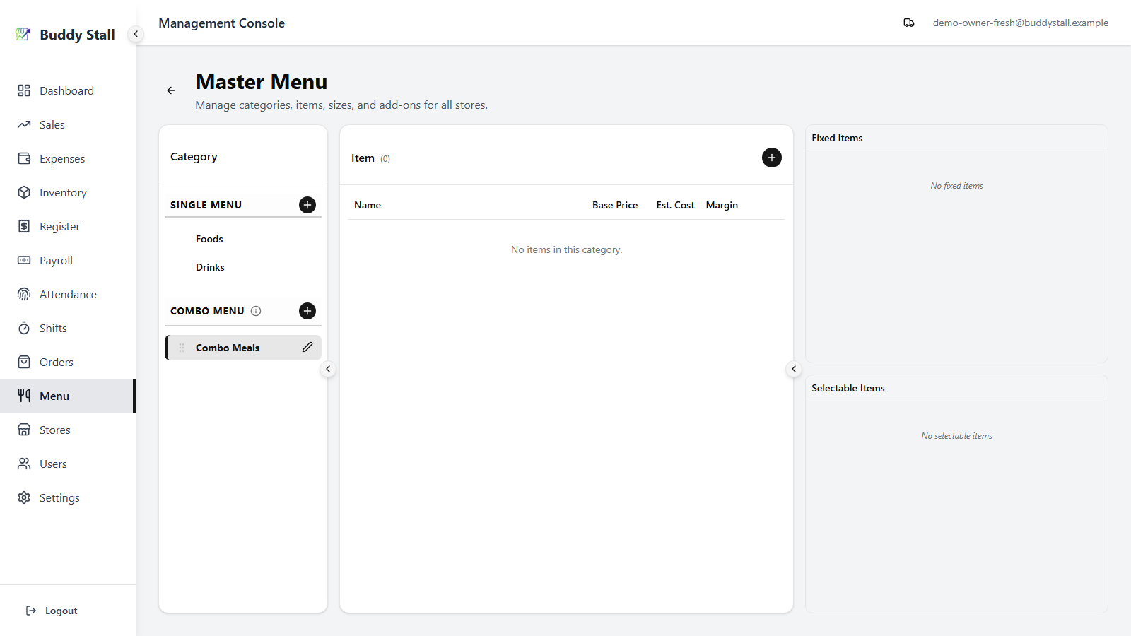 Combo Meals is now selected with no combo items yet; the Items panel + is highlighted
