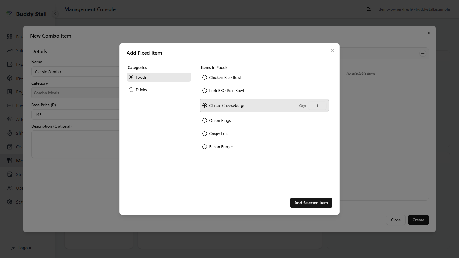 The Add Fixed Item dialog open over the combo item dialog, with Foods category and Classic Cheeseburger selected, Qty 1