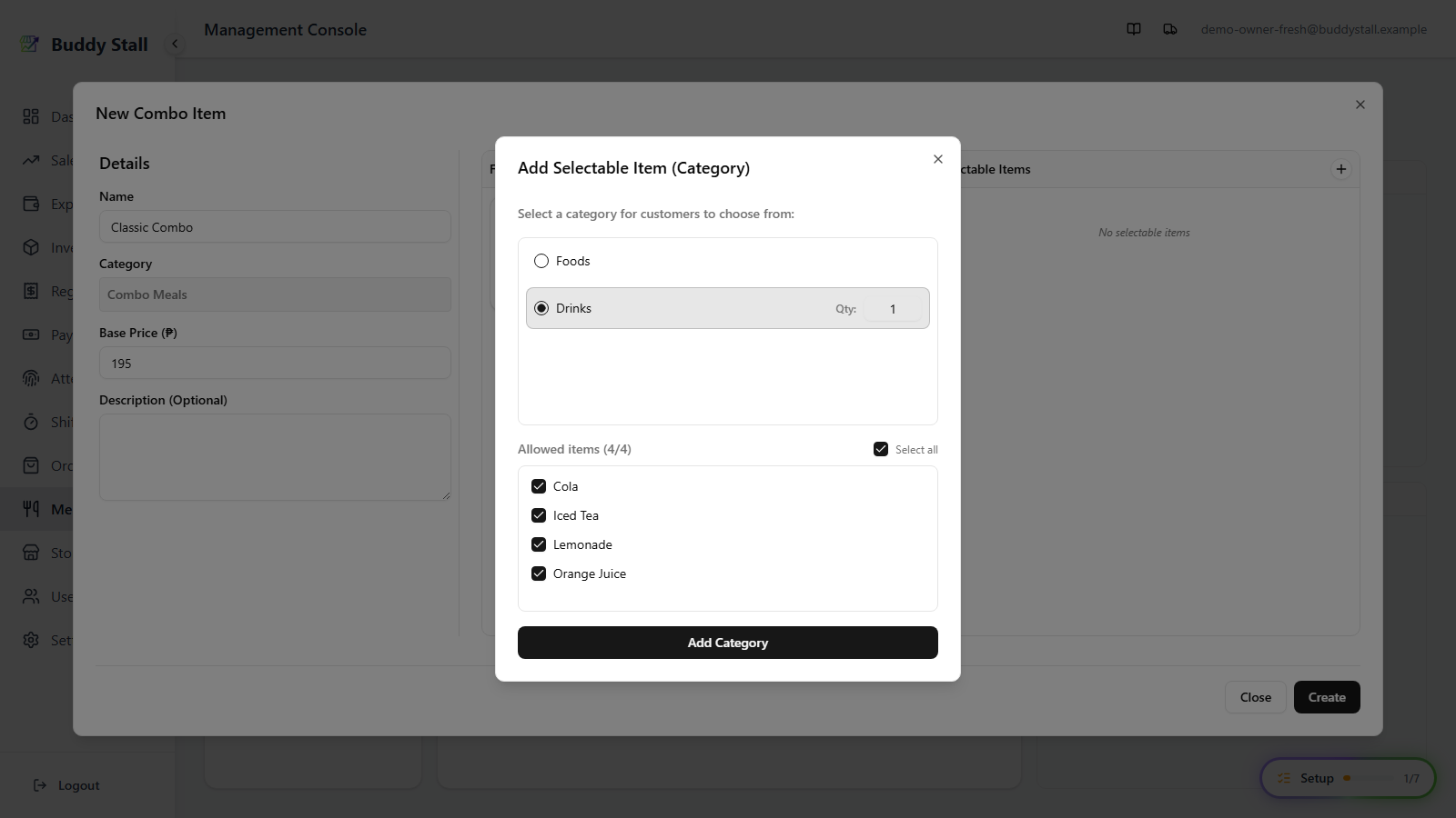 The Add Selectable Item (Category) dialog with the Drinks category selected, Qty 1, and an Allowed items checklist below it with every drink ticked