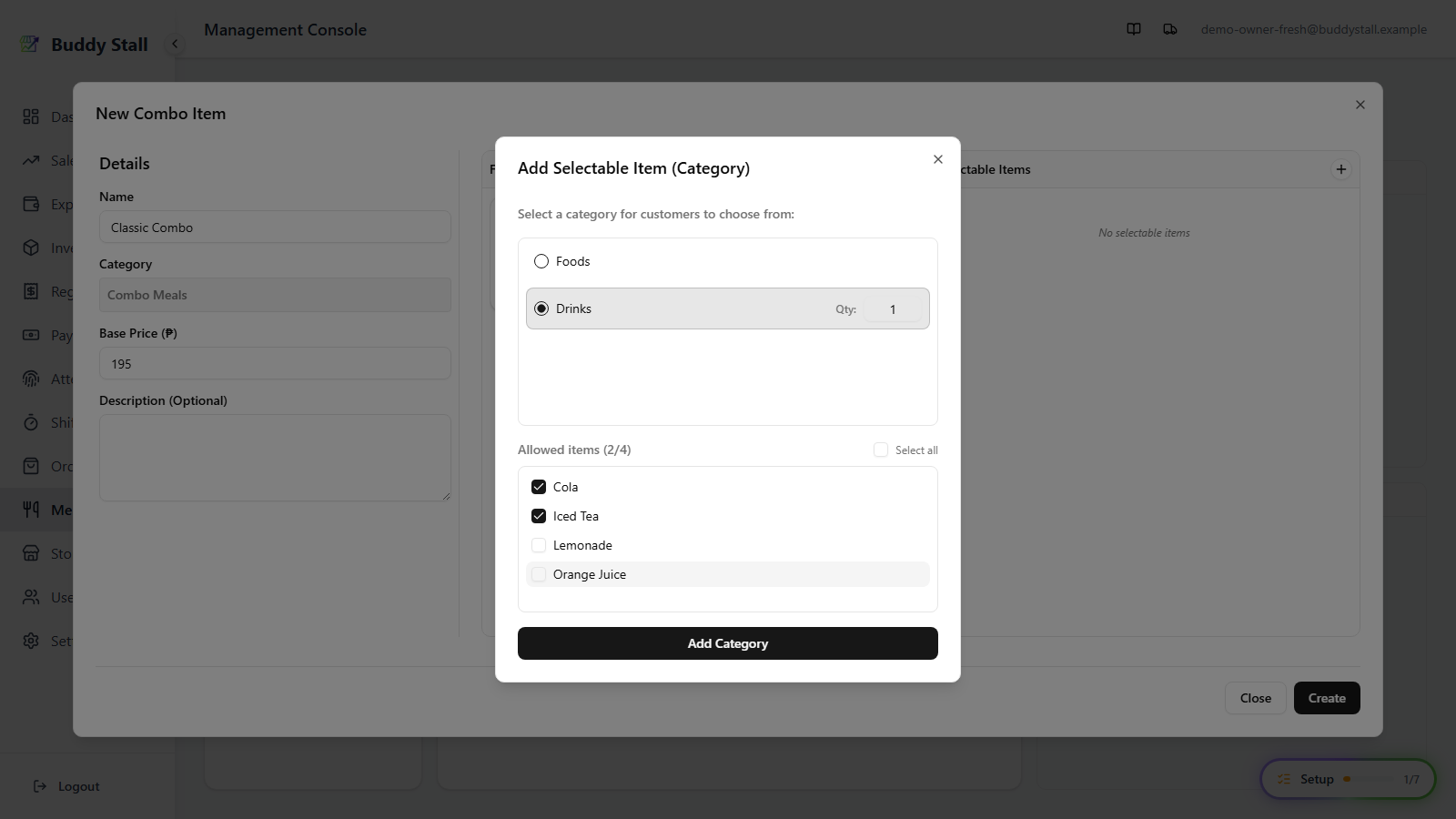 The Add Selectable Item dialog with only two of four drinks ticked in the Allowed items checklist