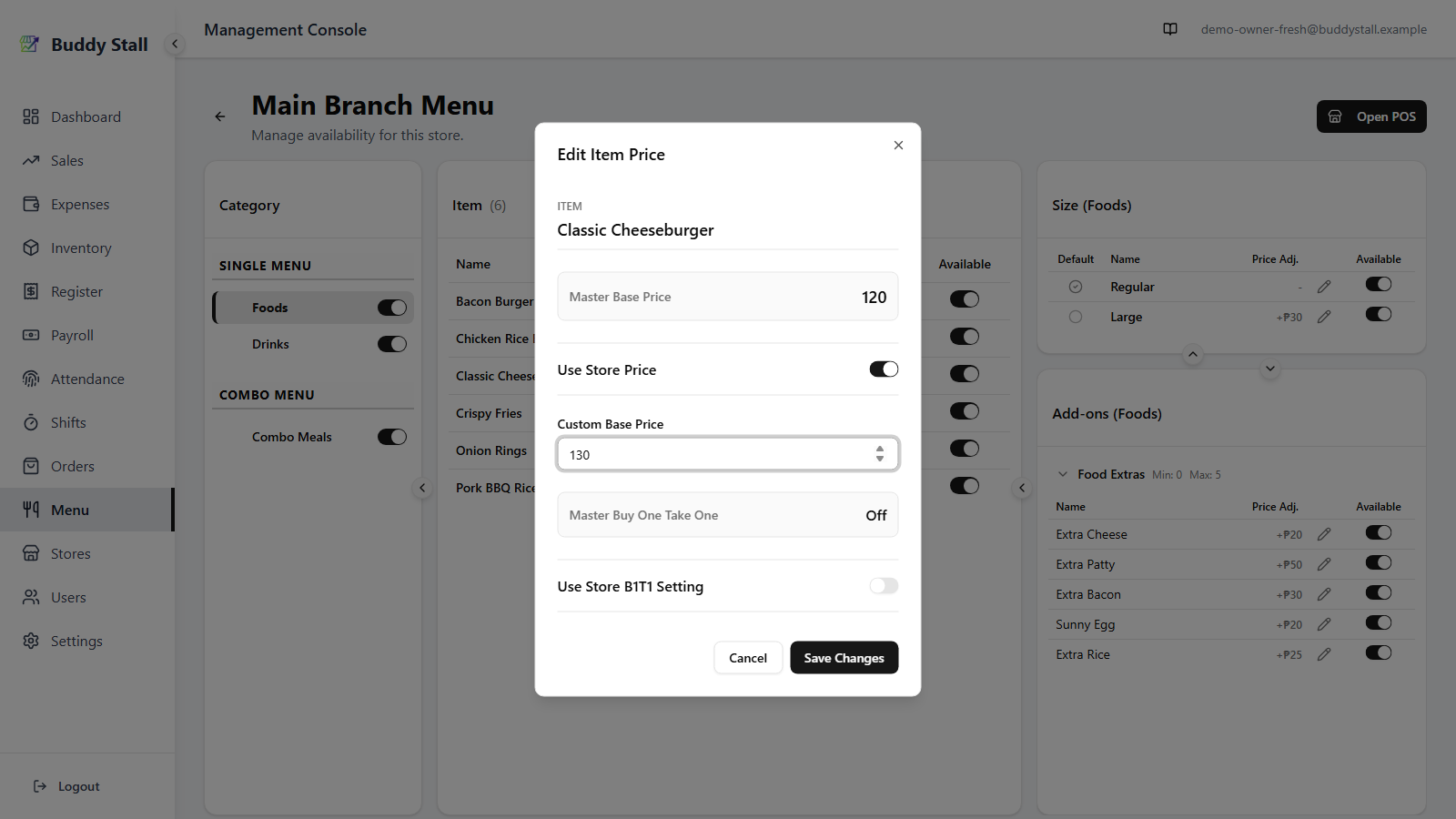 The Edit Item Details dialog for Classic Cheeseburger with Override Standard Price checked and Override Price set to 130