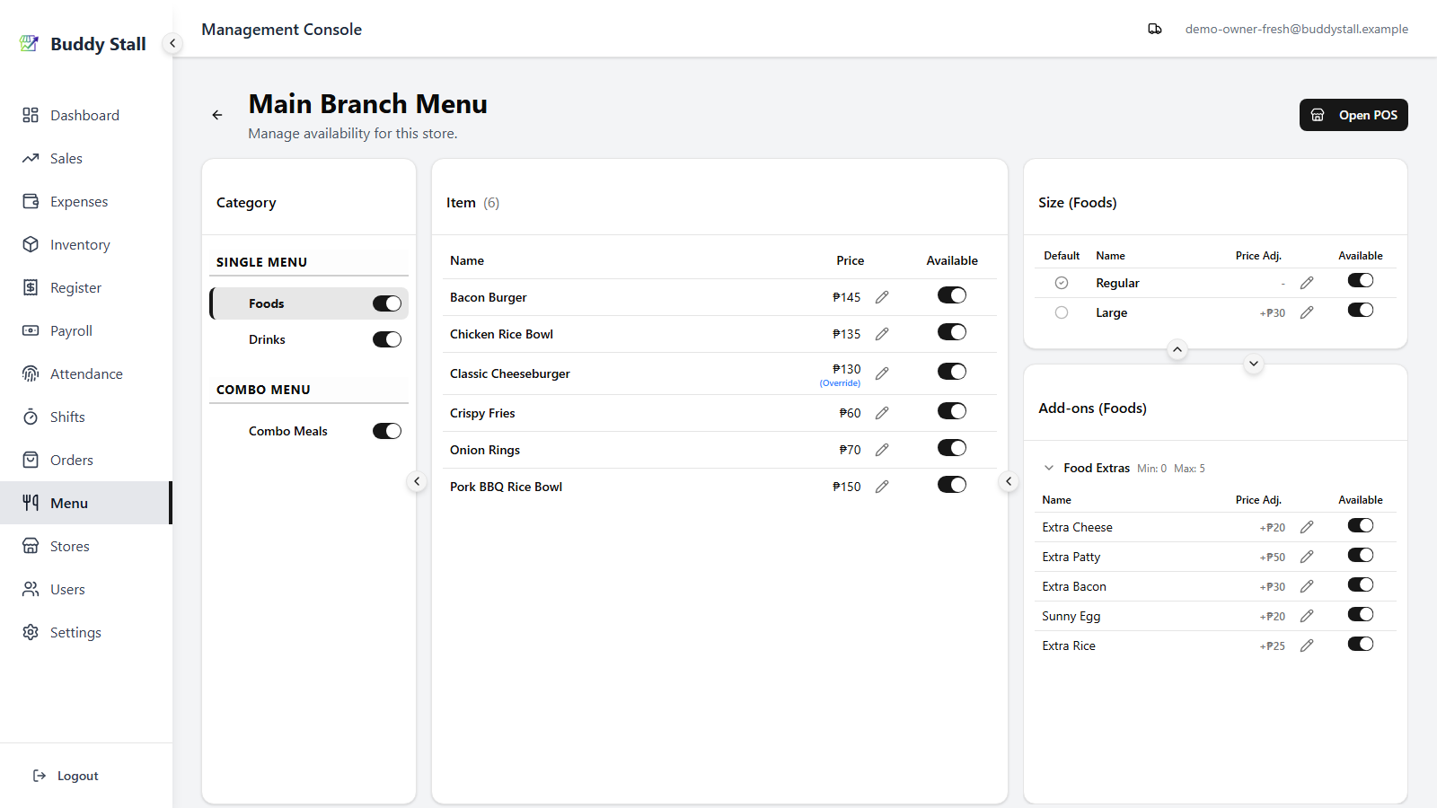 The Store Menu after Save Changes — Classic Cheeseburger now shows 130 with an (Override) annotation below the price
