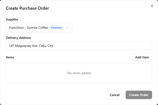 The Create franchise order dialog right after picking the franchisor — a Delivery Address field has appeared, pre-filled with the store's saved address