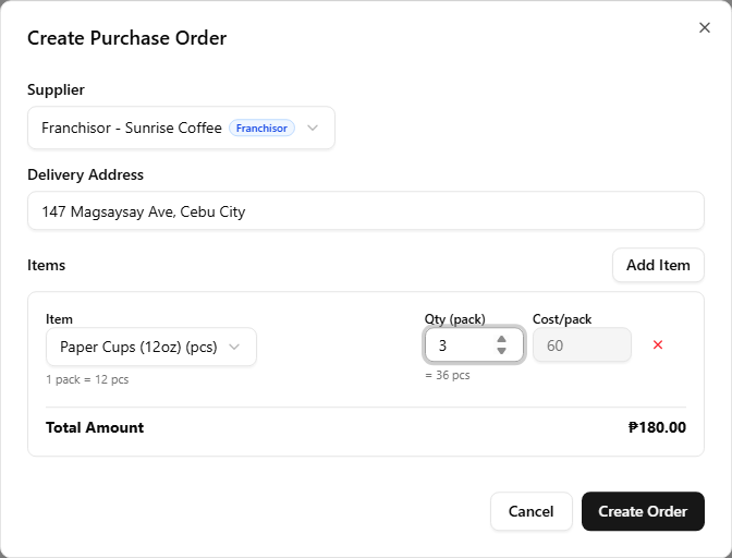 A franchise order line showing the order unit at work — a '1 pack = 12 pcs' note under the item, a Qty (pack) field with a quantity of 3 and a '= 36 pcs' stock-unit equivalent beneath it, and the price shown as Cost/pack