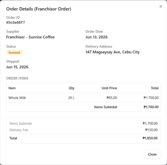 The franchise Order Details dialog for an invoiced order, showing the received-item subtotal, a Delivery Fee line, and the grand total beneath it