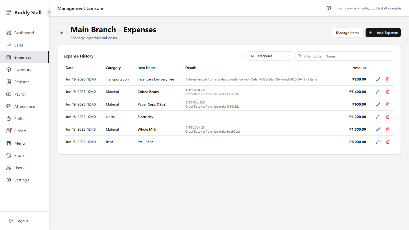 The store's Expense History list — a Transportation entry named 'Inventory Delivery Fee' auto-generated from the completed order, sitting alongside the Material entries for the goods received (Coffee Beans, Paper Cups, Whole Milk) and other store costs