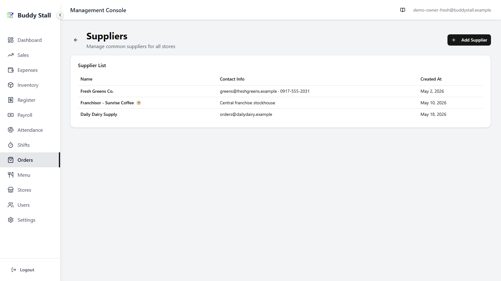 The Suppliers page with the Add Supplier button in the top right highlighted