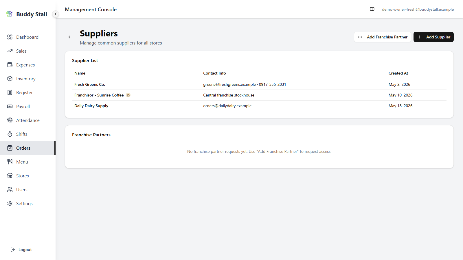 The Suppliers page with the Add Franchise Partner button in the top right highlighted