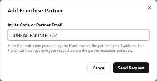 The Add Franchise Partner dialog with an Invite Code or Partner Email field and a Send Request button