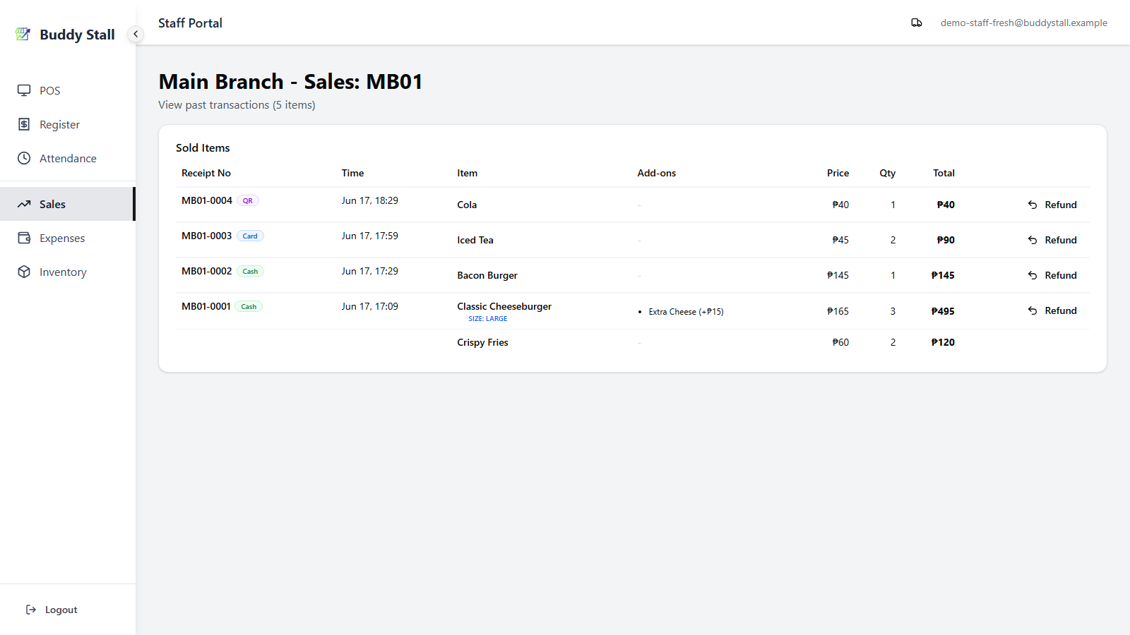 The staff portal Sales History showing several transactions with receipt numbers, item summaries, totals, and a Refund button on each row