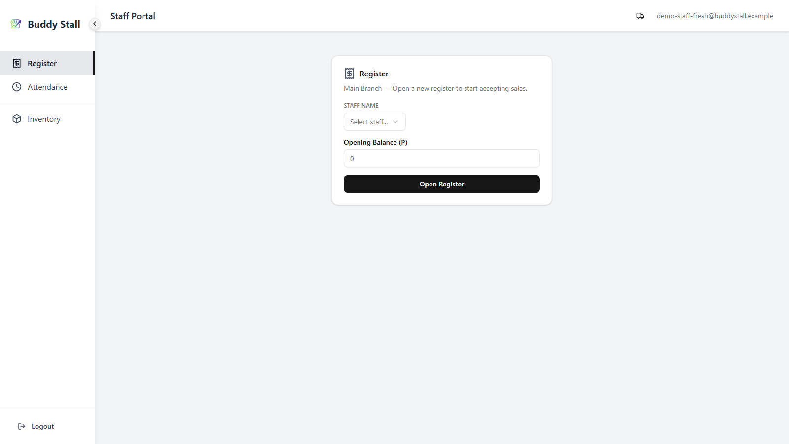 The open-register form with the Staff Name dropdown and Opening Balance field, and a primary Open Register button
