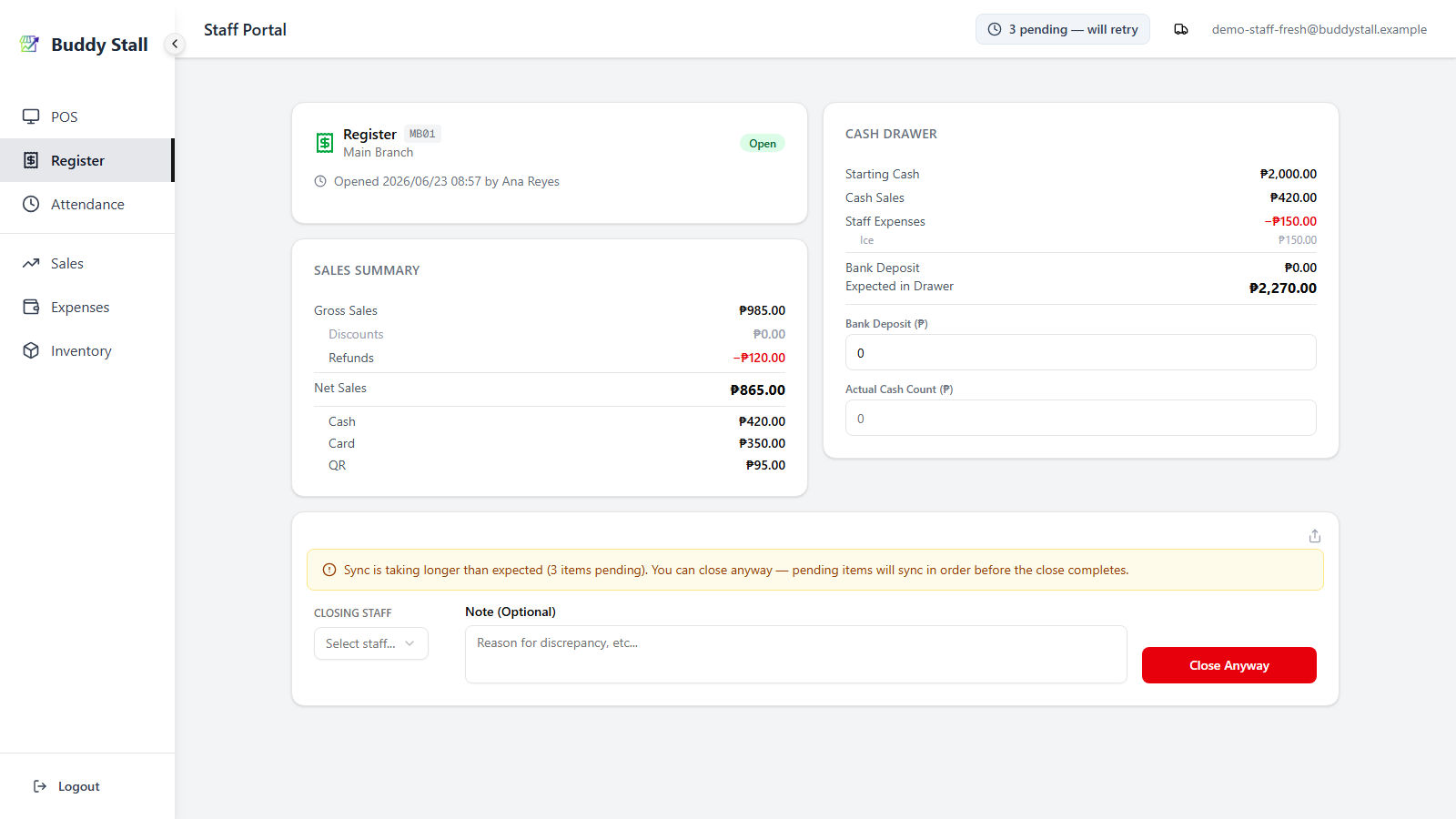 The register screen after the 60-second threshold, showing an amber Sync is taking longer than expected banner above the close form and an enabled Close Anyway button