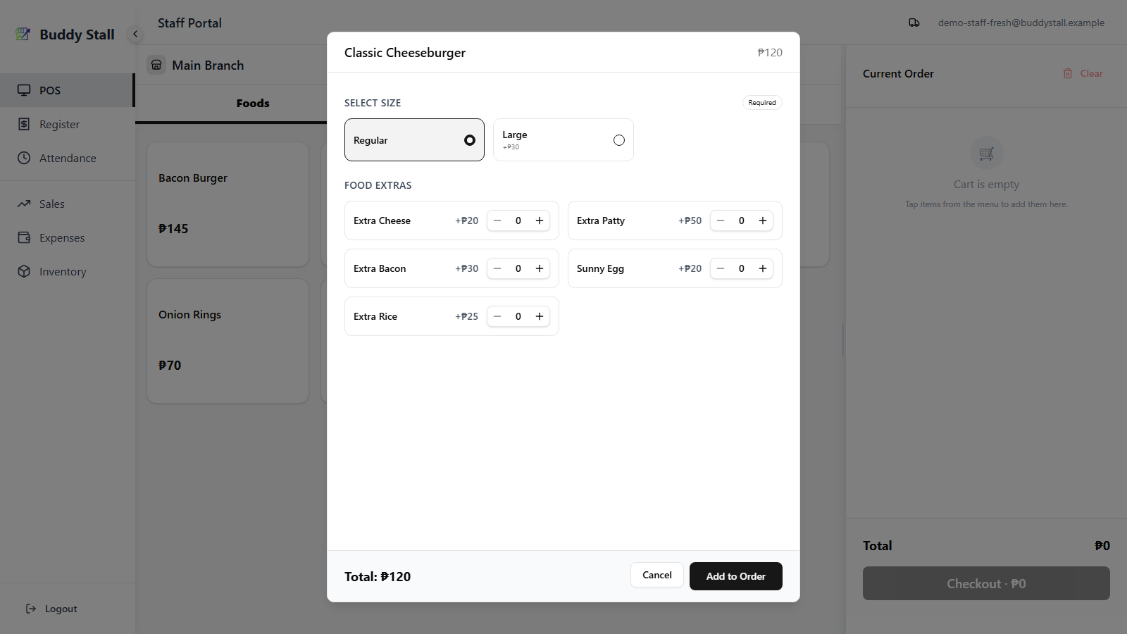 The POS with the size and add-ons selection dialog open over the menu, with a size radio group and add-on checkboxes