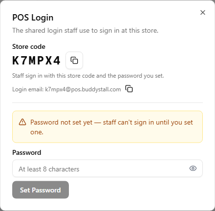 The POS Login dialog showing the store code K7MPX4, its copy button, the derived login email, an amber warning that the password isn't set yet, and a Set Password field with button