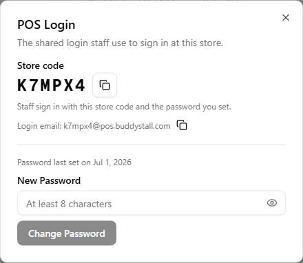 The POS Login dialog after a password has been set: the amber warning is replaced by a 'Password last set on' date line, and the button reads Change Password