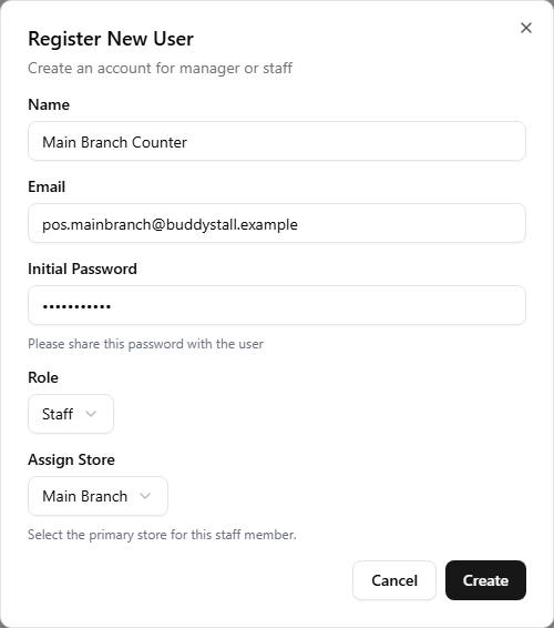 The full Register New User dialog with the role set to Staff: Name, Email, Initial Password, a Staff role select, and a single-select Assign Store dropdown