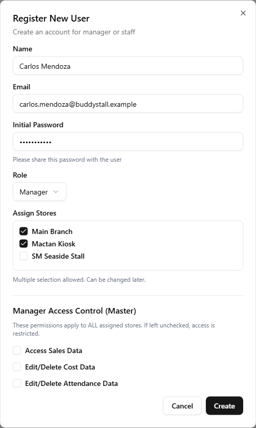 The full Register New User dialog with the role set to Manager: the same top fields plus a multi-select store checkbox list and the Manager Access Control permissions section